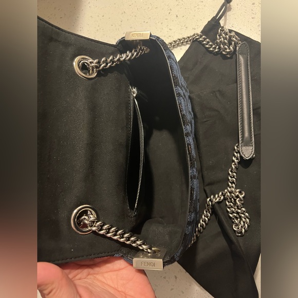 NEW Fendi Baguette Chain Midi Dark blue black FF tapestry bag silver hardware - Picture 4 of 15